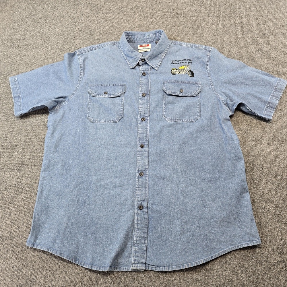 Wrangler Shirt Mens XL Blue Denim Short Sleeve Motorcycle Embroidered Graphic